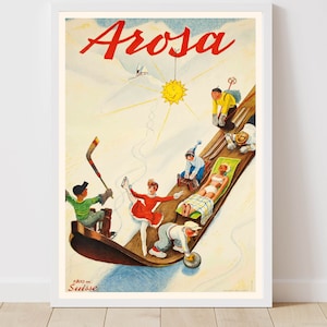 Póster de esquí vintage de Arosa Suiza Schweiz Suisse - Impresión enmarcada - Impresión en lienzo