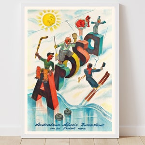 Póster de esquí vintage de Arosa Suiza Schweiz Suisse - Impresión enmarcada - Impresión en lienzo