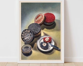 Vintage Caviar Poster, Retro Food Advertising, Gourmet Kitchen Art, French Restaurant Decor