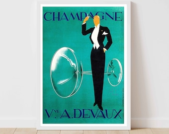 Vintage French Champagne Poster, 1930s Art Deco Advertising Print, Retro Bar Decor