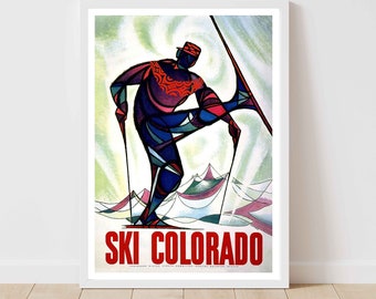 May include: A vintage poster advertising skiing in Colorado. The poster features a stylized illustration of a skier in a red, blue, and white outfit, skiing down a mountain. The text "SKI COLORADO" is printed in red at the bottom of the poster.