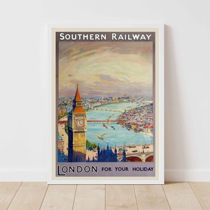London England UK St Pauls Cathedral Big Ben Westminster London Eye Vintage Travel Poster Print - Framed/Unframed