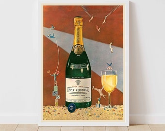 May include: A vintage advertisement for Piper-Heidsieck champagne featuring a bottle of champagne and a glass of champagne. The bottle is surrounded by small figures hanging from strings.