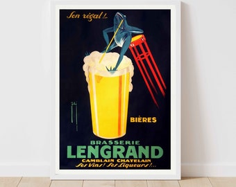 Vintage French Beer Poster, Retro Brewery Advertising, Beverage Print, Pub Decor