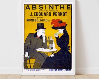 Op de afbeelding: Vintage poster voor Absinthe Extra-Superieure J. Edouard Pernod, een likeur uit Montbéliard. De poster toont een man en een vrouw die aan een tafel zitten en absint drinken. De tekst op de poster is in het Frans.