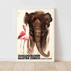 Zürich Schweizer Zoo Elefant Flamingo Tier Werbeplakat Druck - Gerahmt / Ungerahmt