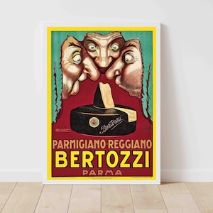 Póster de comida y bebida vintage de queso italiano Parmigiano de Bertozzi Parma (con marco o sin marco)