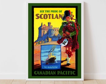 Vintage Scotland Travel Poster, Scottish Bagpiper Art, Glasgow Wall Art, Celric Home Decor, Highland Gift