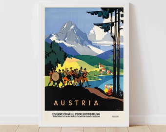 May include: A vintage travel poster advertising Austria. The poster features a colorful illustration of a mountain range, a lake, and a group of people in traditional clothing. The text on the poster reads "Austria" and "Osterreichische Verkehrswerbung."