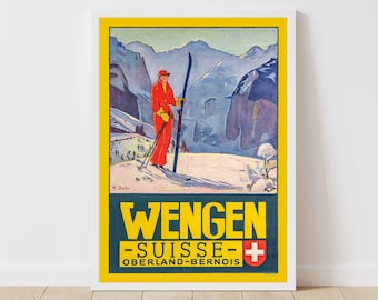 Wengen Oberland Bernois Switzerland Vintage Ski Poster - Framed Print - Canvas Art Print