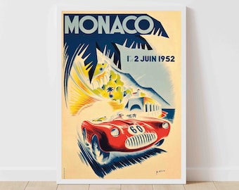 Op de afbeelding: Een vintage poster die reclame maakt voor de Grand Prix van Monaco op 2 juni 1952. De poster toont een rode raceauto die over een kronkelende weg racet met palmbomen en gebouwen op de achtergrond.