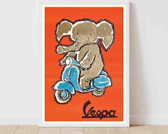 May include: A vintage poster featuring a cartoon elephant riding a blue Vespa scooter on an orange background. The text "Vespa" is printed in black at the bottom of the poster.