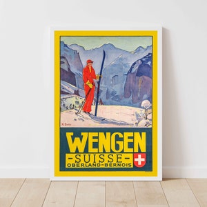 Wengen Oberland Bernois Switzerland Vintage Ski Poster - Framed Print - Canvas Art Print