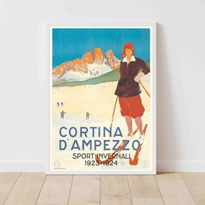 Cortina d&#39;Ampezzo Italy Skiing Alps Mountains Vintage Ski Poster - Framed/Unframed