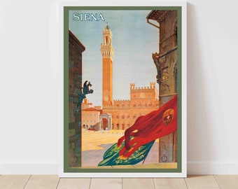 Op de afbeelding: Vintage reisposter met uitzicht op de Piazza del Campo in Siena, Italië. De poster is in een wit frame en toont een rood-groene vlag met een wit kruis.