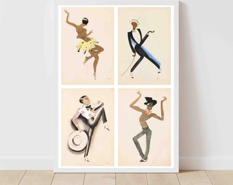 May include: A framed print of four black and white illustrations of dancers. The dancers are in various poses, some with hats and some with canes. The background is a light beige color.