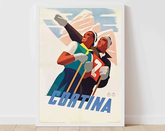 Poster Da Viaggio Vintage – Sci A Cortina D'Ampezzo, Stile Anni '20 – 24x36 Pollici, Riproduzione Su Carta Opaca