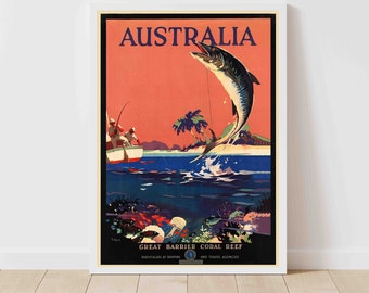 Australië Great Barrier Coral Reef Vintage Travel Poster Print - Ingelijst / Ongeframed