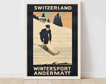 Skiing Alps Andermatt Switzerland Vintage Travel Poster - Framed/Unframed