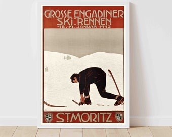Alps Ski Saint Moritz Switzerland Vintage Ski Poster - Framed Print - Canvas Art Print