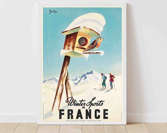 Vintage skiposter Wintersport in Frankrijk: ingelijst/ingelijst