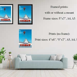 May include: Three framed prints of a vintage ski poster with a red skier jumping over a mountain peak. The poster says "Zermatt" in red letters. The prints are available in 5x7 inches, A4, and A3 sizes.