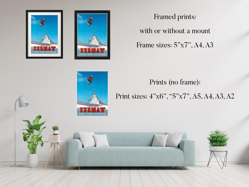May include: Three framed prints of a vintage ski poster with a red skier jumping over a mountain peak. The poster says "Zermatt" in red letters. The prints are available in 5x7 inches, A4, and A3 sizes.