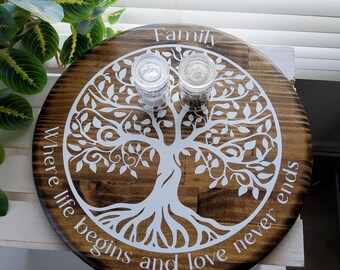 Handcrafted Wooden Lazy Susan, Tree of Life Family Serving Tray