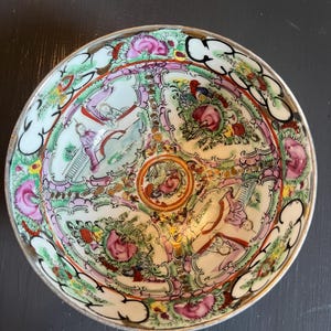 Antique hand-painted Porcelain Rose Medallion Bowl c early 1900s - 6&quot; d