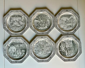 Vintage Adams England Dickens Ironstone Octagonal Plates Black Transferware Set of 6 - excellent condition rare set