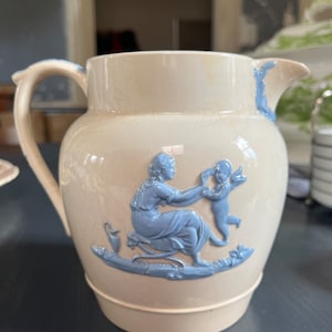 Antique English Cream & Blue Wedgwood 6&quot; Jug - Pitcher - Queensware English - Embossed Blue - Angels