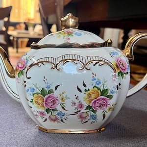 Vintage Sadler Cube Teapot - Made in England - Signed / Numbered- Rose Floral Design - Gilded - collector&#39;s item