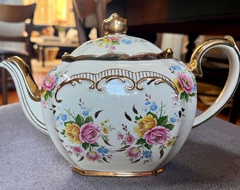 Vintage Sadler Cube Teapot - Made in England - Signed / Numbered- Rose Floral Design - Gilded - collector&#39;s item