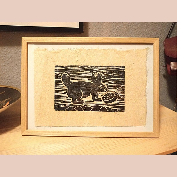 Eastern art print, rabbit motif on agave paper, black and white rabbit, linocut,  woodframe