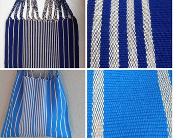 Bolso de mano mexicano en azul, rayas, bolso tejido a mano, bolso de vacaciones de verano/bolso de playa/bolso de compras de lona/bolso de hombro sostenible