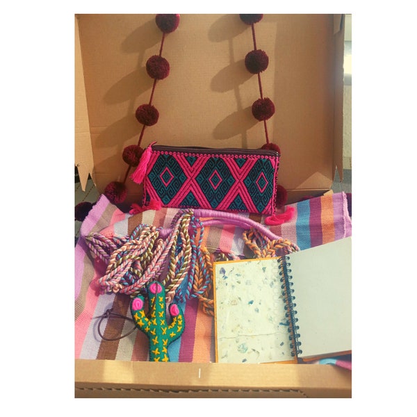 Mexican gift box, with selected handcrafted decorative Mexican pieces- tote bag, pompom garland, cactus tassel, make up bag and note pad