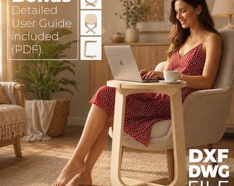 May include: A light-colored wooden side table with a circular top and a cross-shaped base. The table features a smooth finish and a modern structural design. Text on the image indicates that a detailed user guide in PDF format and DXF DWG files are included with the purchase of this furniture piece.