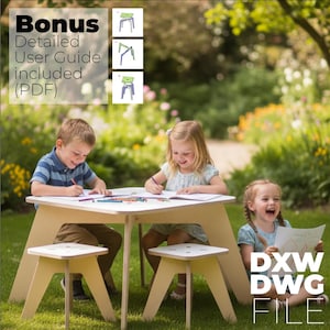 May include: A light wood-colored children's table and two matching stools. The table has a white top, and children are seated around it, drawing with crayons. The image includes the text "Bonus Detailed User Guide included (PDF)" and "DXW DWG FILE".