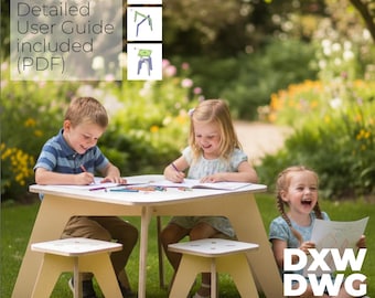 May include: A light wood-colored children's table and two matching stools. The table has a white top, and children are seated around it, drawing with crayons. The image includes the text "Bonus Detailed User Guide included (PDF)" and "DXW DWG FILE".