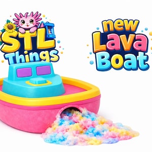 May include: A colorful toy boat with the text "STL Things" and "new Lava Boat". The boat is pink, blue, and yellow, with a colorful substance spilling out. A cartoon axolotl is on top of the boat.