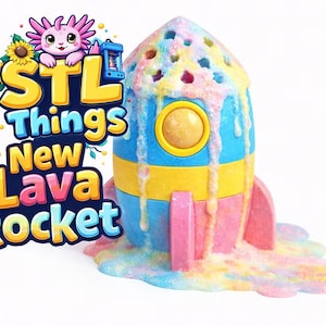 May include: A colorful toy rocket with the text "STL Things New Lava Rocket". The rocket has a blue body with yellow and pink accents, and a multi-colored, lava-like substance dripping from the top.