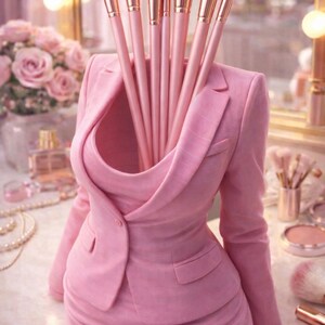 May include: A pink suit, tailored with a fitted design, filled with makeup brushes. The brushes are in shades of pink with gold-coloured metal ferrules. The background features a vanity with makeup and flowers.