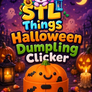 Könnte beinhalten: Ein farbenfrohes Halloween-Grafik mit dem Text "STL Things Halloween Dumpling Clicker". Das Bild zeigt einen lächelnden kürbisförmigen Behälter, Kürbisse, Geister und einen Cartoon-Axolotl. Der Hintergrund zeigt eine gruselige Nachtszene mit Mond und Fledermäusen.