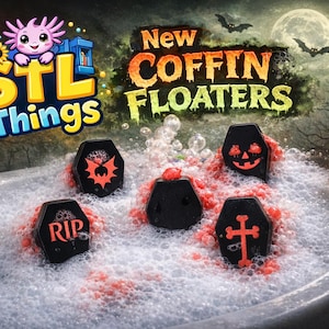 May include: A Halloween-themed image featuring black coffin-shaped bath bombs with orange designs floating in a bubbly bath. The image includes the text "STL Things" and "New Coffin Floaters". A full moon and bats are in the background.