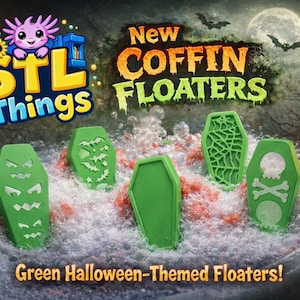 May include: Green Halloween-themed coffin floaters in a tub of bubbles. The floaters have various designs, including a spiderweb, skull and crossbones, and a bat. The image also features a jack-o'-lantern and candles.