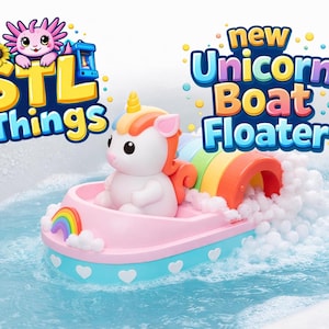 May include: A pink and blue toy boat with a unicorn figure and a rainbow arch. The boat floats in blue water with white bubbles. The text "STL Things" and "new Unicorn Boat Floater" are visible.