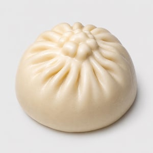 May include: A single, steamed bao bun, a type of Chinese dumpling, sits on a white surface. The bun is a pale, creamy colour with a rounded shape and a pleated top. The bun's surface has a soft, slightly glossy appearance.