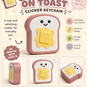 Op de afbeelding: Een roze, witte en gele "Butter on Toast" clicker sleutelhanger. De sleutelhanger heeft een lachende toast met een klontje boter. De tekst "Butter on Toast Clicker Keychain" staat erboven.