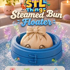 May include: A 3D-printed Steamed Bun Floater in a blue ring. The bun is beige with cartoon eyes and a bow. The image includes text that says "STL Things Steamed Bun Floater", "3D Printed", "Eco-Friendly PLA", "Bubbles Everywhere", and "Floats Perfectly".