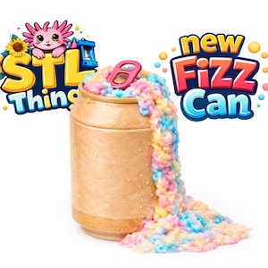 May include: A tan soda can with a pink pull tab, overflowing with colorful, pastel-colored foam. The can has the text "STL Things" and "new Fizz Can" in cartoon lettering. The background is white.